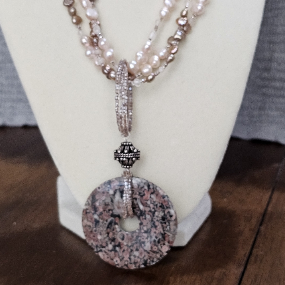Pink Crinoid Fossil Disc and Freshwater Pearl Necklace with 925 Clasp RARE
